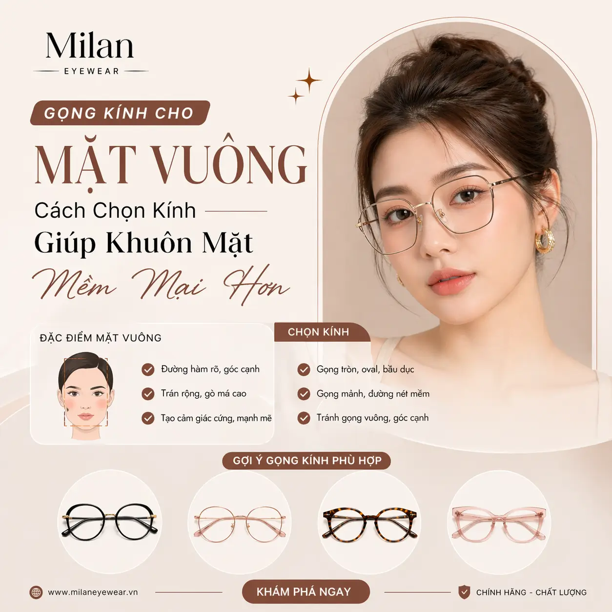 Gọng Kính Cho Mặt Vuông: Cách Chọn Kính Giúp Khuôn Mặt Mềm Mại Hơn