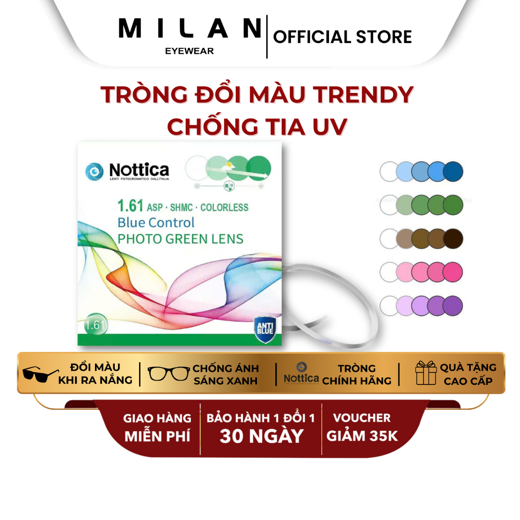 Tròng Kính NOTTICA Chiết Suất 1.61 Đổi Màu Trendy Khi Ra Nắng Chống Ánh Sáng Xanh Phù Hợp Thời Trang